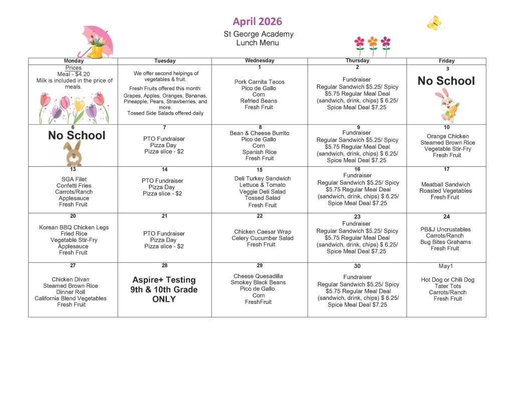 April Lunch Menu – St George Academy